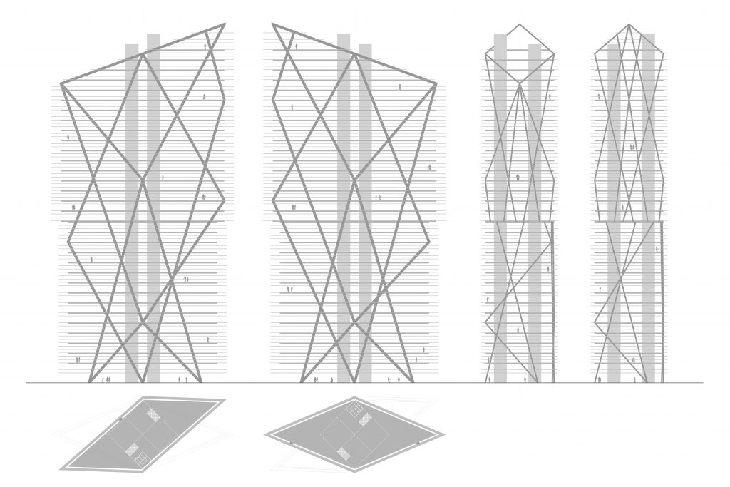 tower b: south, north, east and west elevations and floors q. +24.80 and q. +71.70